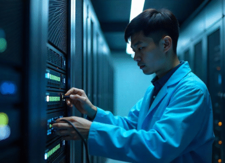 Futuristic networking lab with IT professionals managing routers and digital network diagrams.
