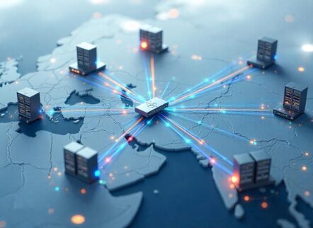 Legacy multi-site IT infrastructure showing different city locations connected via routers and switches