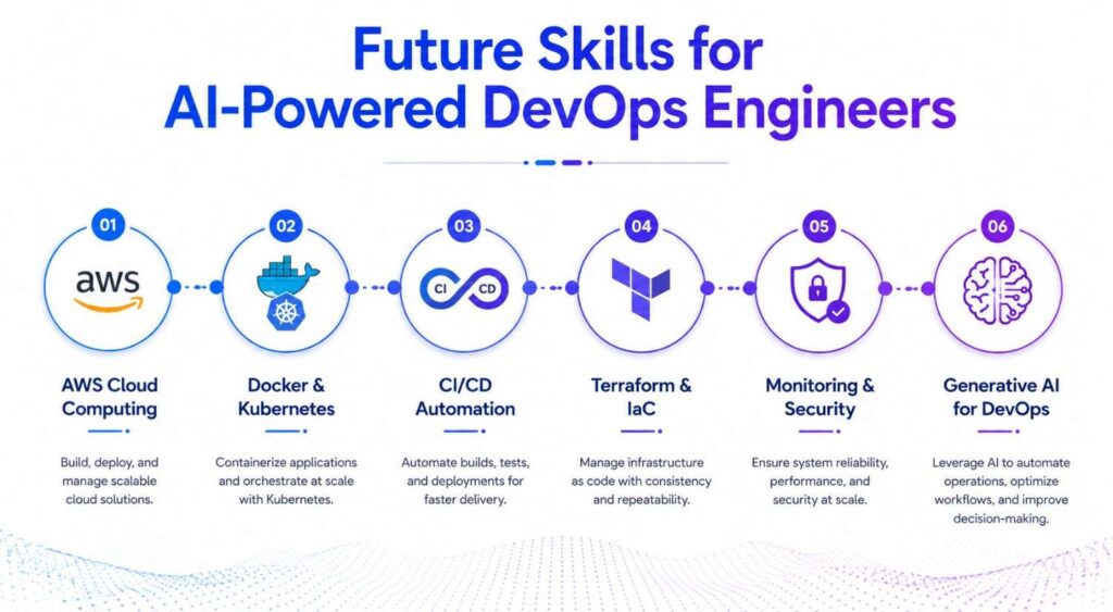 Infographic showing future DevOps skills including AWS, Docker, Kubernetes, CI/CD automation, Terraform, Infrastructure as Code, monitoring, security, and Generative AI.