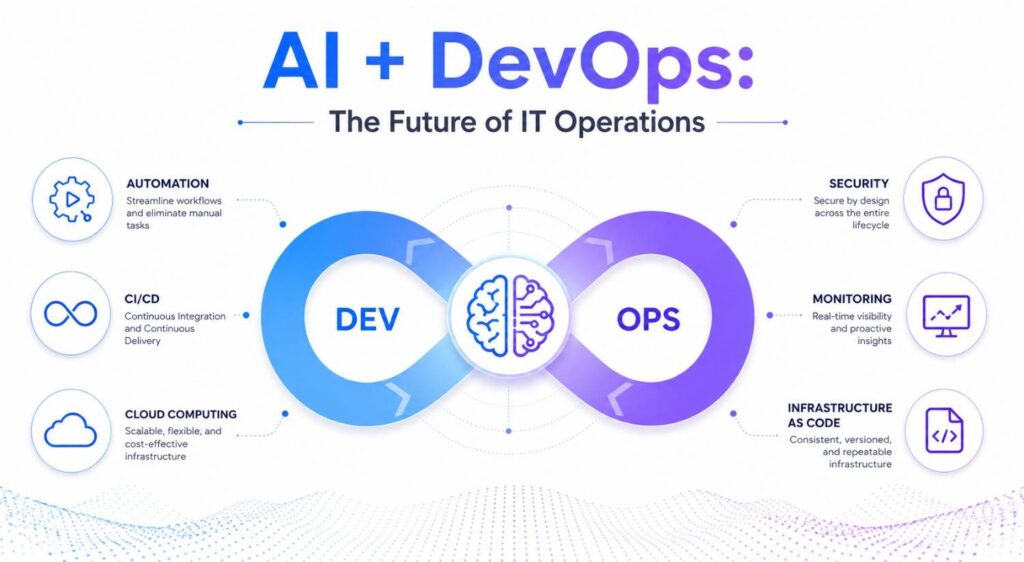 Illustration showing how Generative AI is transforming DevOps with AI-powered automation, CI/CD, cloud computing, security, monitoring, and Infrastructure as Code.