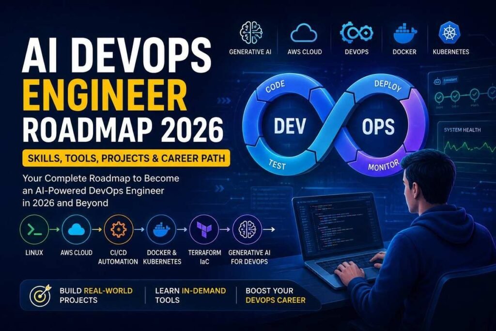 AI DevOps Engineer Roadmap 2026 covering cloud, DevOps, automation, AWS, and Generative AI skills.