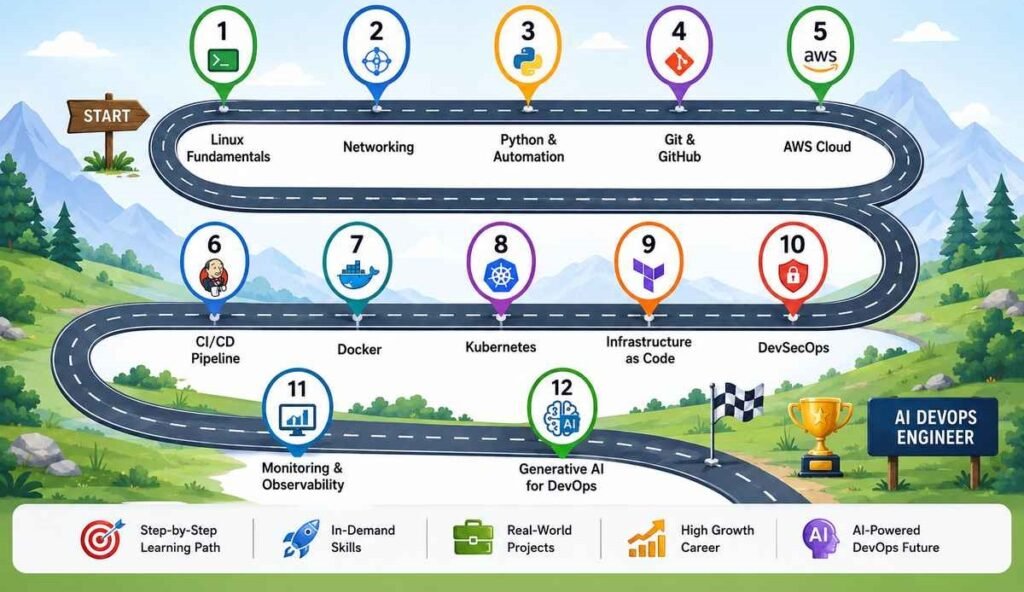 AI DevOps Engineer roadmap showing Linux, networking, Python, Git, AWS, CI/CD, Docker, Kubernetes, Infrastructure as Code, and Generative AI.