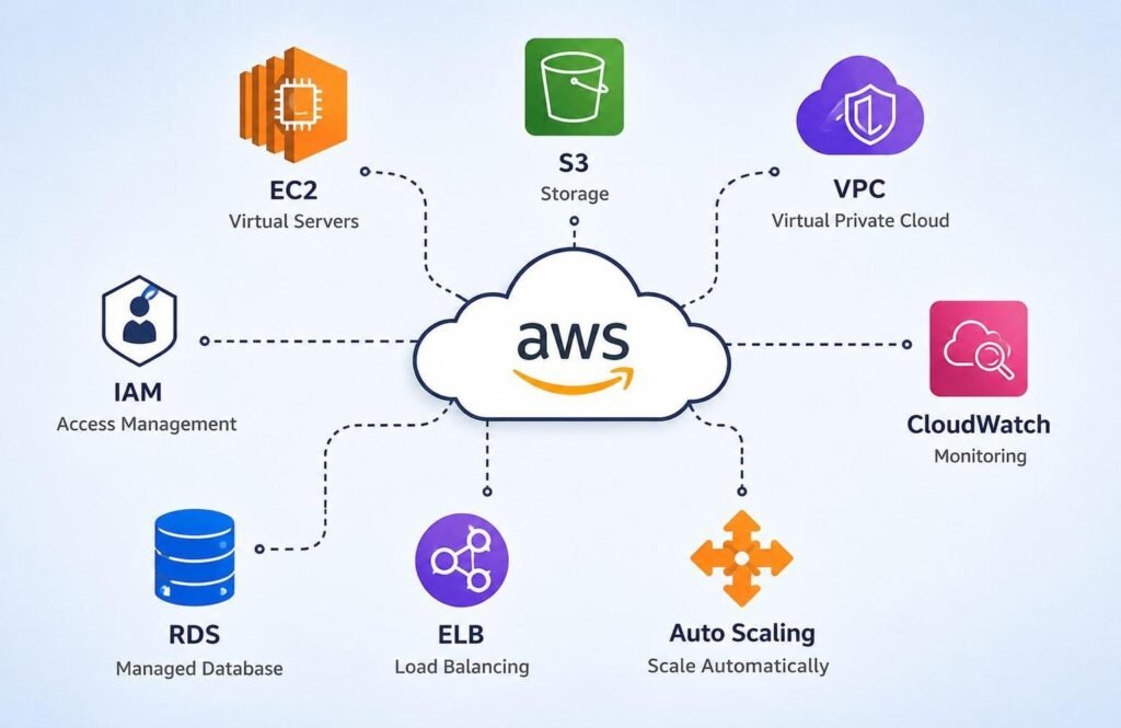 AWS cloud services including EC2, S3, VPC, IAM, ELB, Auto Scaling, and CloudWatch for DevOps.