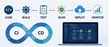 DevOps CI/CD pipeline showing code, build, test, security scan, deployment, and monitoring stages.