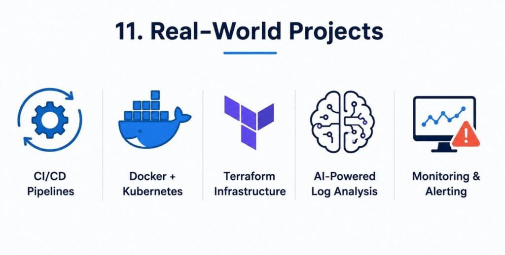 Real-world DevOps projects covering CI/CD pipelines, Docker, Kubernetes, Terraform, AI log analysis, and monitoring.