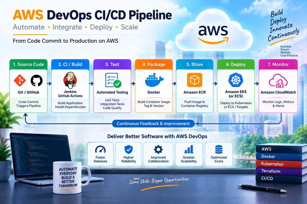 AWS DevOps tools including Docker Kubernetes Terraform and CI/CD