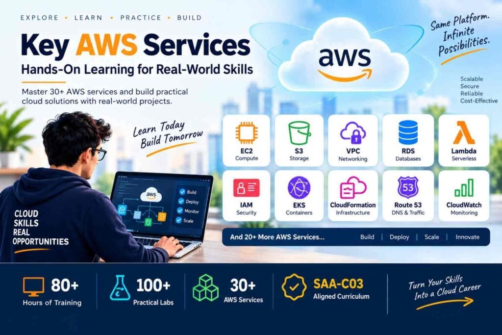 Key AWS services covered in an AWS Solutions Architect course including EC2, S3, VPC, RDS, Lambda and IAM